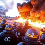Polisi anti huru hara berjaga di belakang api karena pekerja kilang mengadakan blokade depot minyak Douchy-Les-Mines untuk memprotes reformasi tenaga kerja yang diusulkan pemerintah (Foto Getty via Independent)