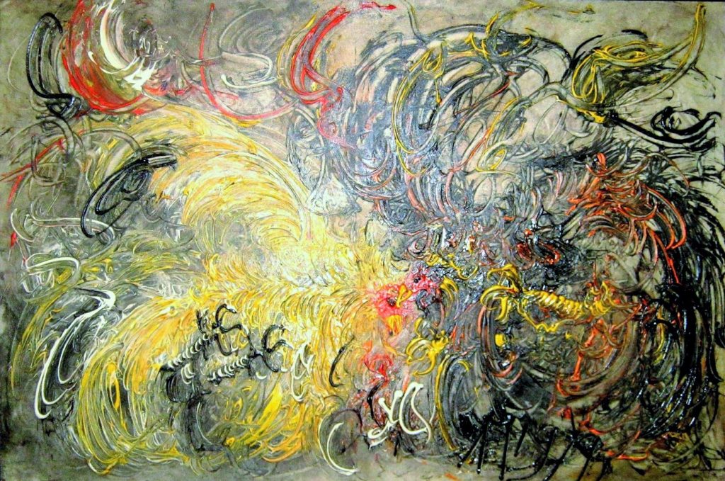 Lukisan karya Pelukis Affandi, "Ayam tarung" (1979), Media : Oil on Canvas (91cm X 136cm) harga Rp.250-350 Jt/Ilustrasi nusantaranews poem/ Foto tedysoetarno via JAVADESINDO Art Gallery via