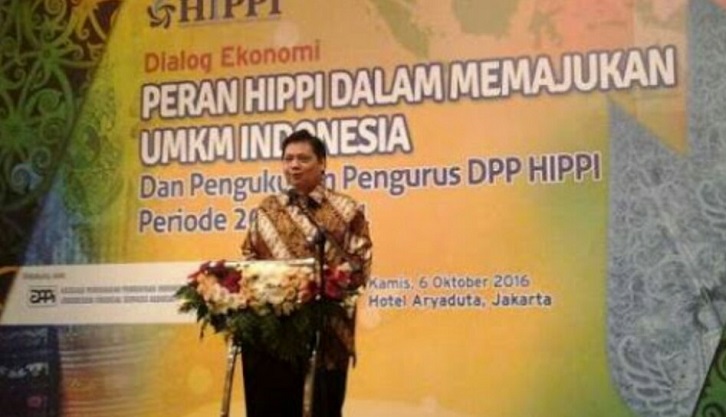 Airlangga Hartanto saat sambutan di acara Pengukuhan Pengurus DPP HIPPI (2016-2021) di Hotel Aryaduta Jakarta, Kamis (6/10)/Foto Andika/Nusantaranews