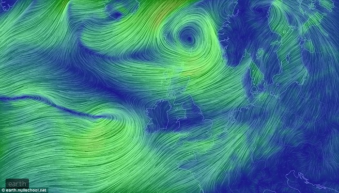 This current earth wind speeds map was created as Storm Barney brings dangerous/Foto: Dok. Daily Mail