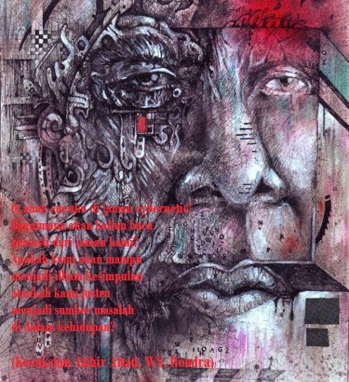Latar Ilustrasi: Lukisan “Cybernetic Identity Transformation”, mixed media on paper, karya Rai Cruz/Foto: raicruz.com