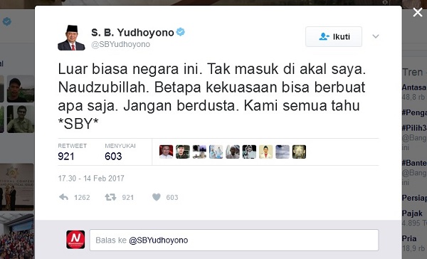 Salah satu tanggapan SBY terhadap pernyataan Antasari /Foto crop via Twitter/NUSANTARAnews