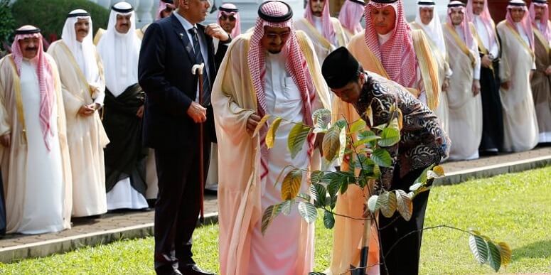 Presiden Indonesia Joko Widodo (kanan) bersama Raja Arab Saudi Salman bin Abdulaziz al-Saud menanam pohon ulin di halaman Istana Kepresidenan, Kamis (2/3/2017)/Foto: Dok. AFP PHOTO / POOL / DARREN WHITESIDE