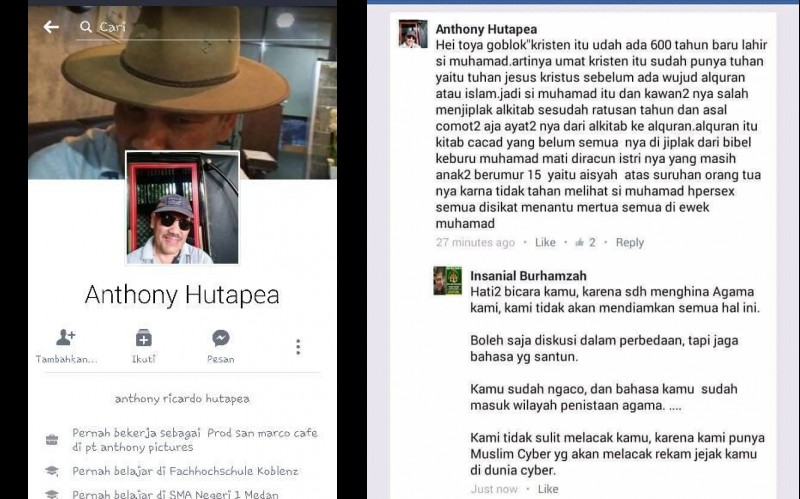 Status FB Anthony Hutapea yang menyinggung agama lain/Foto Istimewa/Nusantaranews