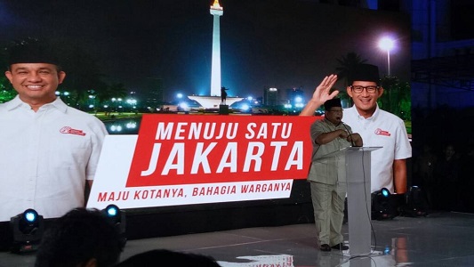 Prabowo Subianto menyampaikan pidato "Pesan Persatuan Jakarta" di acara syukuran kemenangan Anies-Sandi, Jum'at (5/5/2017) malam. Foto Reni Harti (Dokumentasi Pribadi)