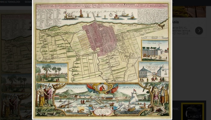 Peta Kota Batavia yang diterbitkan oleh Homannischen Erben pada 1733 ini menampilkan Kota Batavia dengan tembok kota dan pertahanan bentengnya, juga ilustrasi tentang warganya. (Teks: National Geographic Indonesia/ Foto: Rijksmuseum Amsterdam/Atlas of Mutual Heritage)