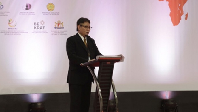 Direktur Jenderal Perundingan Perdagangan Internasional Imam Pambagyo berikan sambutan sekaligus buka Seminar TTI pada rangkaian kegiatan di ICE BSD, Tangerang, Kamis (12/10). Foto Istimewa/Kemendag