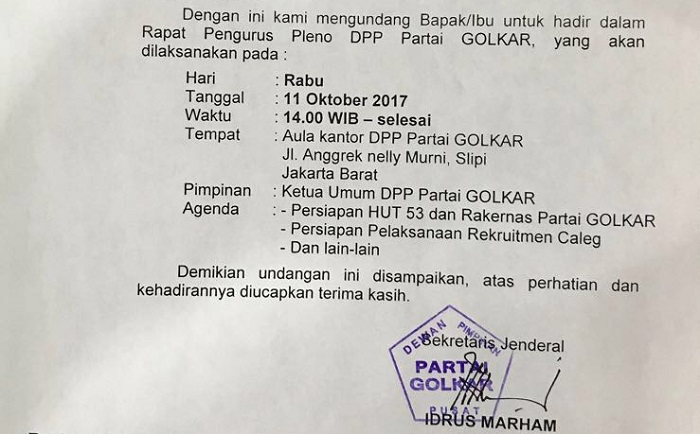 Potongan Surat Undangan Rapat Pleno pengurus DPP, Rabu (11/10/2017) yang akan dipimpin Setya Novanto. Foto Crop: NusantaraNews