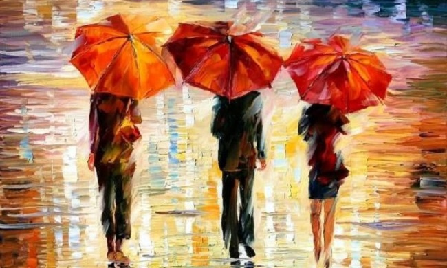 Hujan, Payung dan tiga pejalan kaki. Foto: Dok. Pinterest. (Three Red Umbrellas - Palette Knife Oil Painting On Canvas By Leonid Afremov)