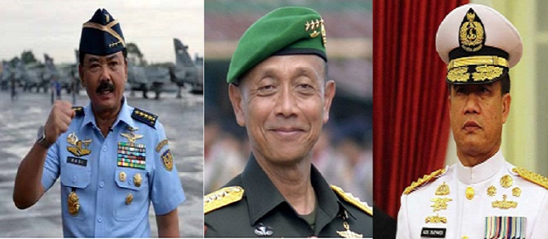 Staf Angkatan Udara (KASAU) Marsekal TNI Hadi Tjahjanto, Kepala Staf Angkatan Darat (KASAD) Jenderal TNI Mulyono, dan Kepala Staf Angkatan Laut (KASAL) Laksamana TNI Ade Supandi. Foto: Istimewa/NUSANTARANEWS