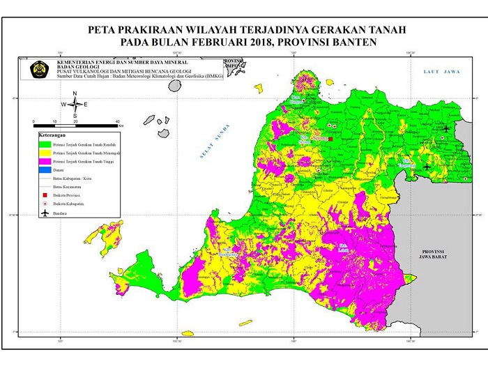 peta: warna merah = bahaya tinggi, kuning = bahaya sedang, hijau = bahaya rendah. Foto: BNPB/ NusantaraNews