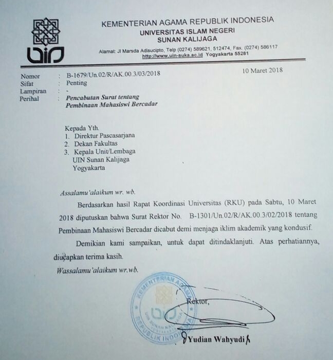 Surat bernomor B-1679/Un.02/R/AK.003/03/2018 tentang pencabutan pembinaan mahasiswi bercadar di UIN Sunan Kalijaga Yogyakarta. (Foto: Istimewa)