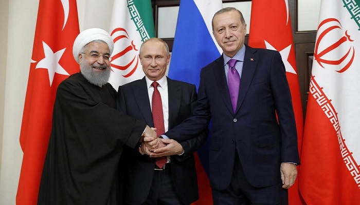 Presiden Iran Hassan Rouhani, Presiden Turki Recep Tayyip Erdogan dan Presiden Rusia Vladimir Putin menggelar pertemuan trilateral membahas konflik Suriah