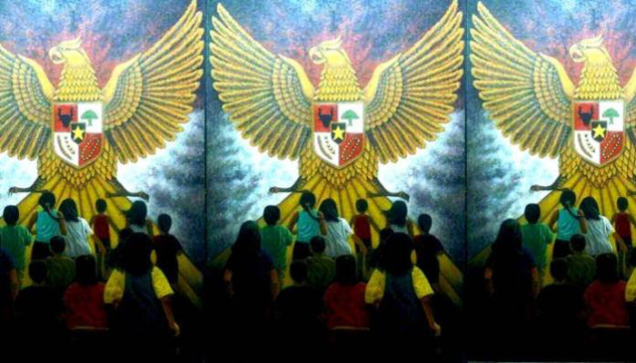 Lukisan Yakub Kelana (Nampak muda-mudi Indonesia menuju lambang Garuda Pancasila). Ilustrasi: NusantaraNews.co
