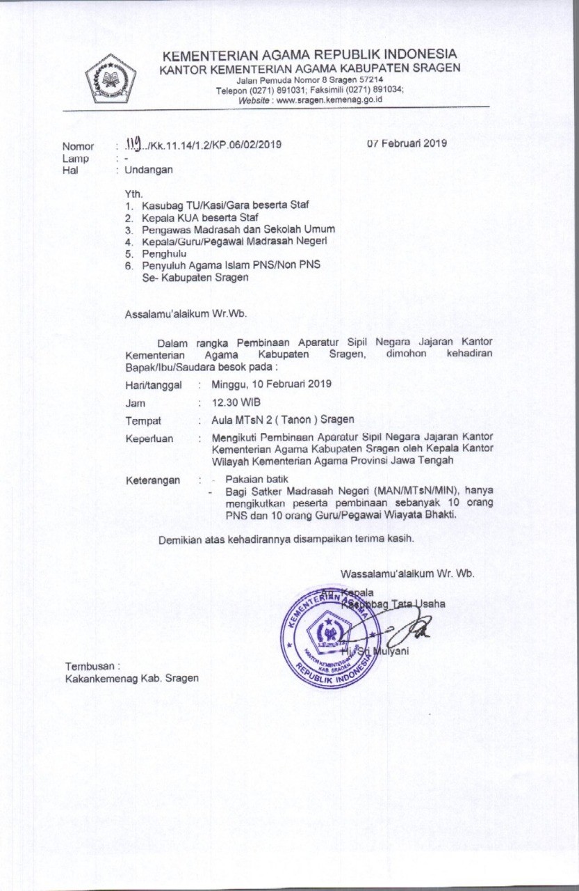 Surat Undangan kegiatan pembinaan ASN di Kabupaten Sragen, Jawa Tengah pada 10 Februari 2019. (Foto: Dok. KPK Jateng)