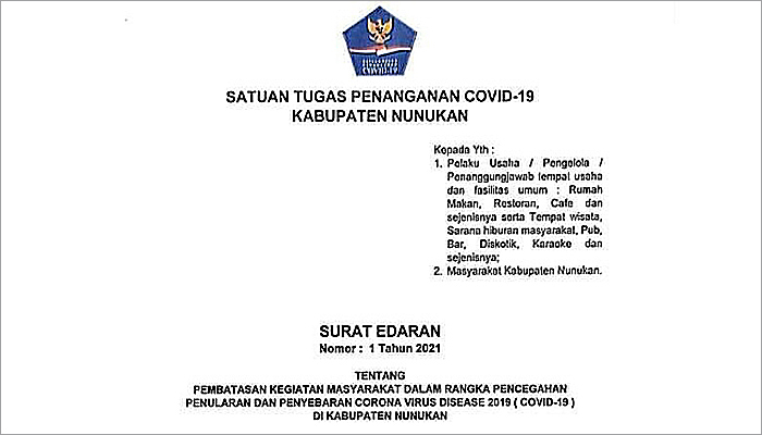 Tim Gugus Nunukan terbitkan Surat Edaran Perketat Prokes Pencegahan Covid-19.
