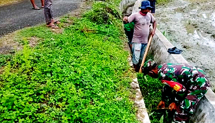 Gotong Royong membersihkan saluran irigasi di Desa Weubada.