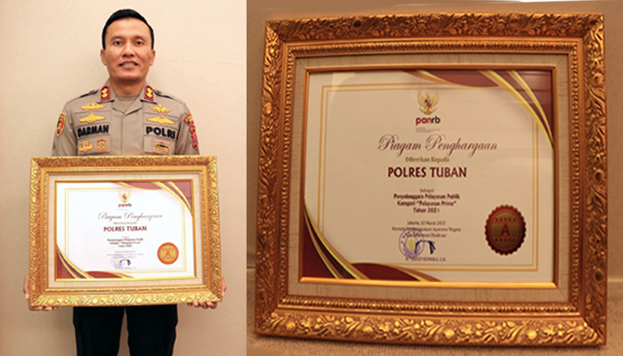 Polres Tuban terima penghargaan kategori A Pelayanan Prima Tahun 2021 dari Kemenpan RB RI.