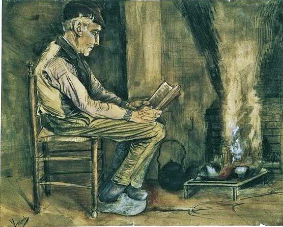 Vincent van Gogh, Farmer Sitting on Fireside, Reading, 1881, watercolour/Sumber Lukisan: Istimewa