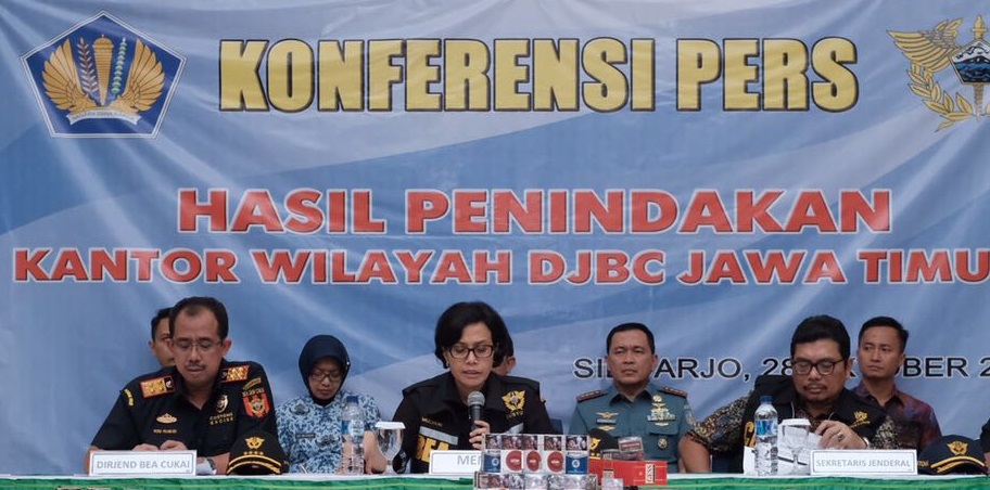 Meneteri Keuangan Sri Mulyani Lakukan Konferensi Pers Hasil Penindakan Kantor Wilayah DJBC Jawa Timur I. Foto Dok. Kanwil Jawa Timur