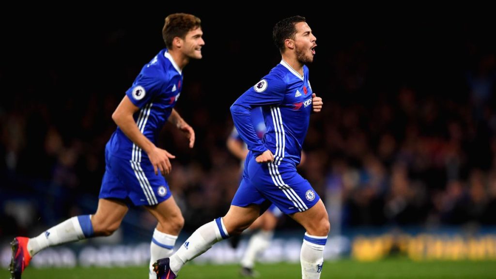 Eden Hazard Rayakan Gol Usai Bobol Gawang Everton. Foto via ESPN