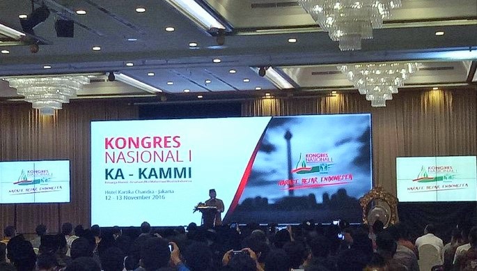 JK dalam sambutan pembuka Kongres Nasional ke-1 Keluarga Alumni Keluarga Aksi Mahasiswa Muslim Indonesia (KA-KAMMI) di Kartika Chandra, Jalan Gatot Subroto, Jakarta Selatan, Sabtu (12/11)/Foto: detik