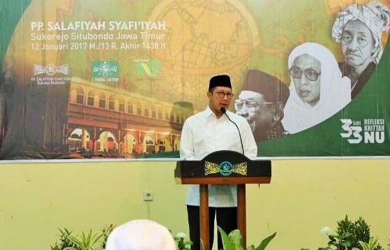 Menag Lukman saat sambutan pada Halaqah Ulama 'Refleksi 33 tahun Khittah NU' di PP Salafiyah Syafiiyah Situbondo/Foto: Dok. Humas Kemenag (daniel)