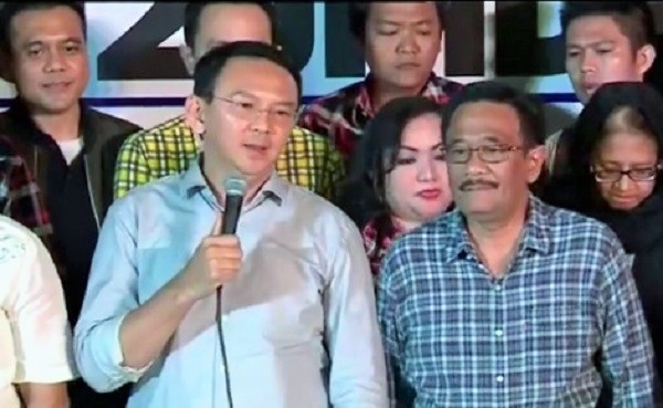 Ahok-Djarot mengucapkan selamat atas kemenangan Anies-Sandi. Foto Crop: Nusantaranews