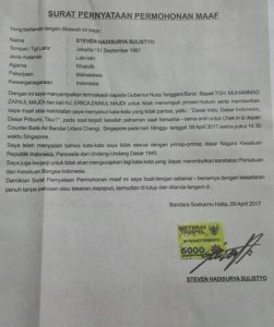 Surat Pernyataan Permohonan Maaf Steven Hadisurya Sulistyo/Foto Istimewa/Nusantaranews