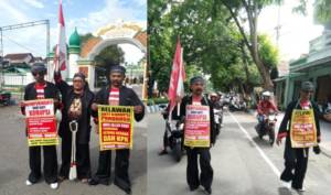 Demi Tegaknya Pemberantasan Korupsi, Dua Warga Ponorogo Jalan Kaki ke Jakarta. Kedua orang itu tercatat sebagai relawan LSM 45, yaitu Wakidi dan Pujiana. Foto: Muh Nurcholis/ NusantaraNews