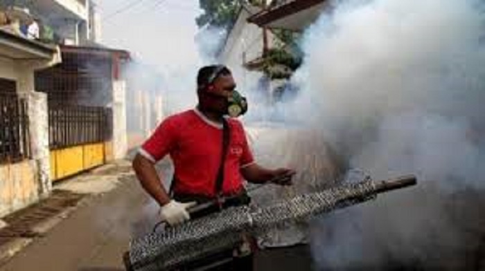 Pemeritah Desa Pragaan Daya bekerja sama dengan UPT Puskesmas Pragaan melakukan menyemprotan atau fogging pada rumah warga yang dianggap sarang DBD. (FOTO: NUSANTARANEWS.CO/Mahdi Al Habib).