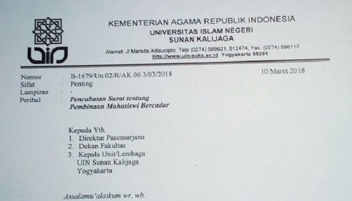 Surat bernomor B-1679/Un.02/R/AK.003/03/2018 tentang pencabutan pembinaan mahasiswi bercadar di UIN Sunan Kalijaga Yogyakarta. (Foto: Istimewa)