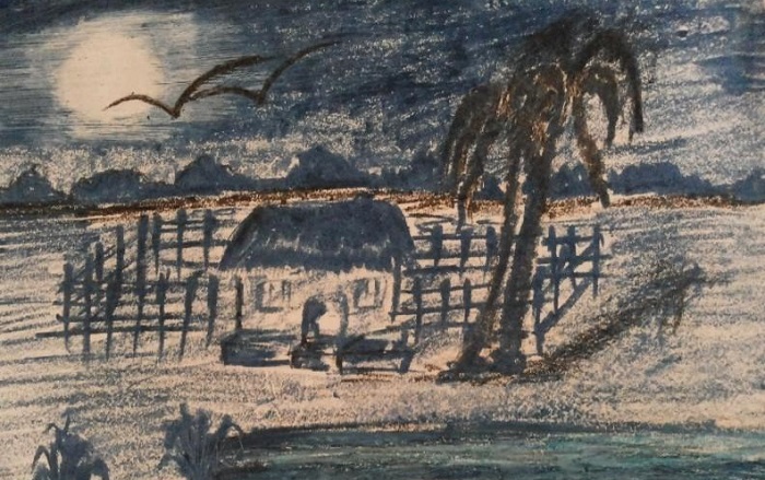 Moonlit Village Night in Sketching by Ushashi Sengupta