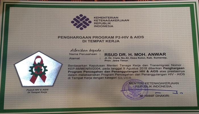 rsud dr h moh anwar, rsud sumenep, hiv sumenep, aids sumenep, sumenep, kesehatan sumenep, rumah sakit sumenep, kemenaker, penghargaan kemenaker, nusantaranews