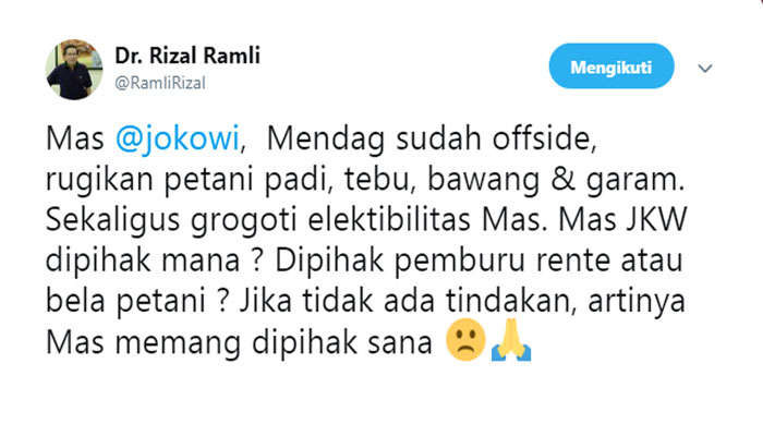 Twiit Rizal Ramli, Rabu (19/9/2018)