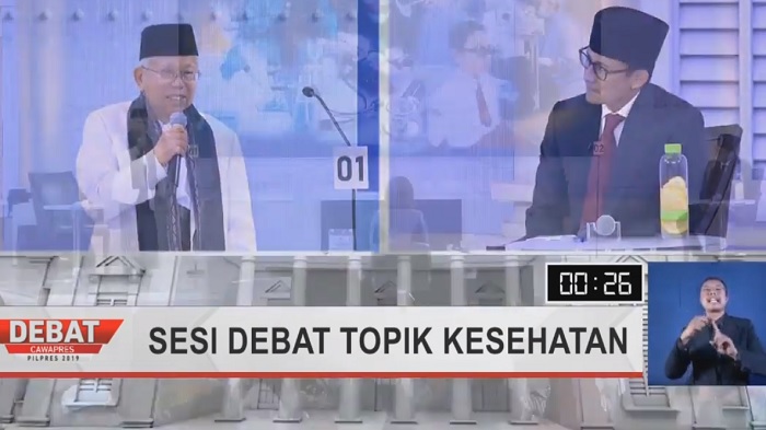 Kiai Ma'ruf Amin dan Sandiaga Uno dalam Debat Ketia Pilpres. (FOTO: NUSANTARANEWS.CO)